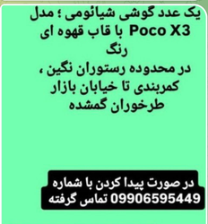 گم شدن گوشی شیائومی Poco X3 با قاب قهوه‌ای گم شده در منطقه رستوران نگین و خیابان بازار طرخوران - تماس 09906595449